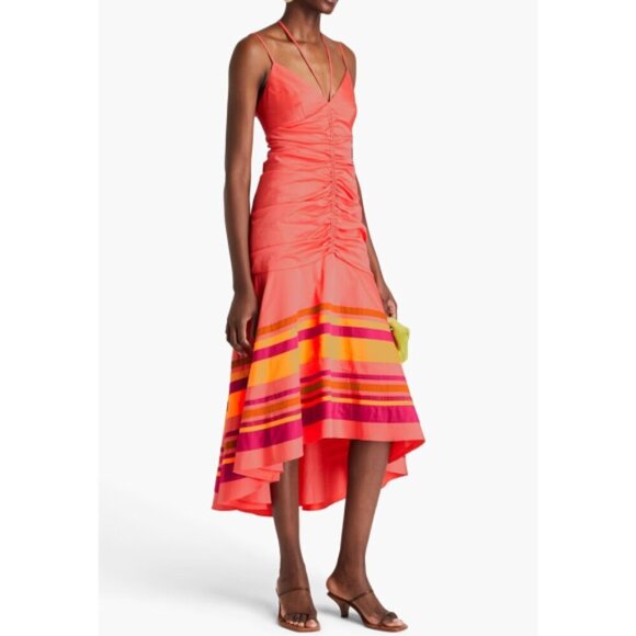 Veronica Beard 'Fitz' Ruched Sleeveless Asymmetric Midi-Dress, Coral Multi - Picture 1 of 3